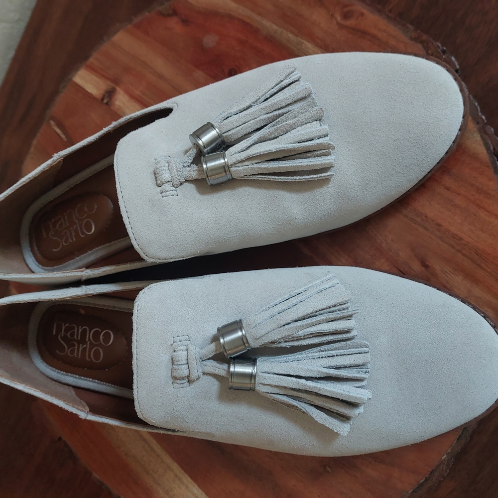 Franco Sarto Cream Suede Loafers with Tassels